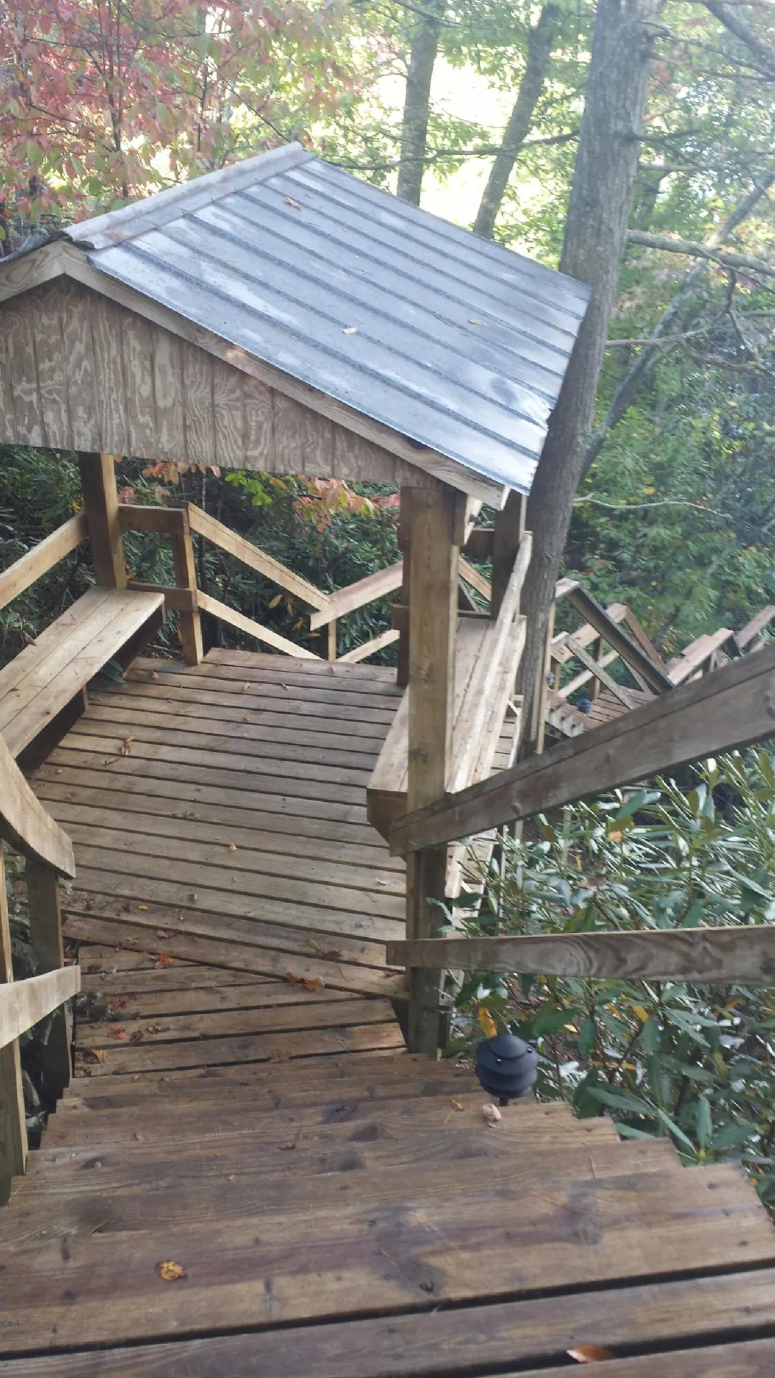 Metal roofed shelter over wooden steps on a wooded walkway — Skylight Repair & Installation work by our crew in Winburne